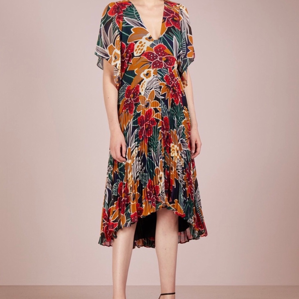 Club Monaco Zorbina dress size 8 floral pleated maxi dress, low neck, lined